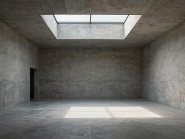 Minimalist concrete gallery interior under diffuse daylight from a central skylight, soft shadows