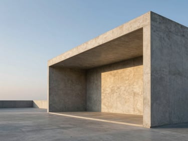 One-point perspective of a minimalist concrete pavilion at golden hour, sharp shadows, negative space on the left