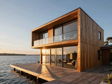 Exterior rendering of a timber-clad waterfront villa during golden hour, long shadows across the deck