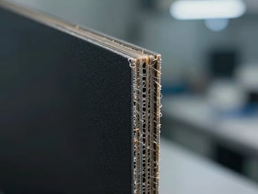Macro close-up of a dark composite structural panel edge, showing the precise fiber layers and clean cut under cool industrial laboratory light.