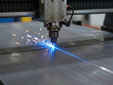 Extreme close-up of a high-precision CNC plasma cutter slicing through a thick structural steel plate, cool blue sparks flying, sharp metallic edge visible, industrial factory background.