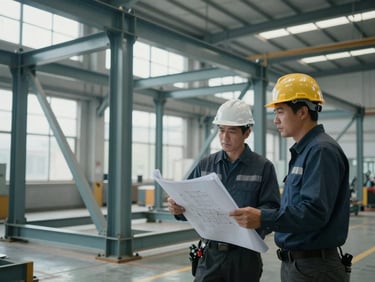 Engineers in hardhats inspecting a massive trial-assembled steel frame on the factory floor, holding physical blueprints, cool daylight filtering through high windows.