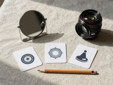 Flat-lay of therapy materials on a beige linen surface — small mirror, three illustrated sound cards, a pencil — arranged with deliberate spacing, lit by cool north-facing daylight, no hands present