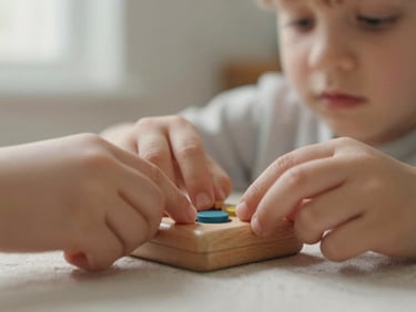 Extreme close-up of a child's hands arranged around a small smooth wooden sound-sorting toy on a pale linen surface, soft diffused window light from the left, no faces visible, calm and purposeful