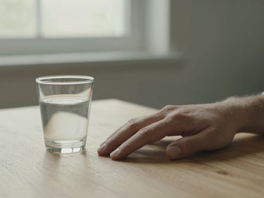 Close-up of an adult's hand resting open on a wooden table beside a small water glass, soft side-lit window light, muted sage and beige tones, stillness and attentiveness, no face visible
