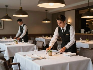 Wide shot of a hotel dining room being set for service — a uniformed staff member precisely placing cutlery on a white-linen table, warm tungsten pendant lights overhead, additional place settings visible in the background, professional and composed