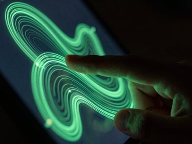 Extreme close-up of a hand tapping a high-refresh-rate Android screen displaying fluid vector wireframes, vibrant neon screen-glow casting sharp green light onto fingers, dark-mode ambient background, macro lens, 35mm