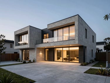 Wide-angle architectural photograph of a gleaming, newly completed modern concrete and glass residence at dusk, pristine driveway, dramatic lighting.