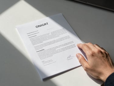 Close overhead view of a contract document spread open on a clean desk, a hand resting on the page mid-review, north-facing daylight from the left casting sharp document detail, minimal workspace visible at the edges
