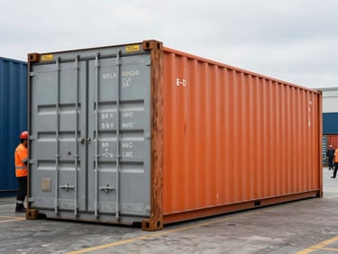 Container sendo estufado por equipe com EPI, sob luz natural, em pátio portuário, industrial logistics photography, overcast daylight, high-contrast steel and safety orange tones, sharp focus, 35mm