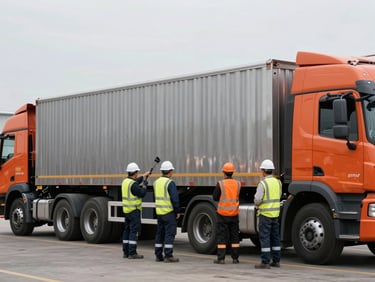 Equipe de carga e descarga usando EPIs completos (capacete, colete de alta visibilidade) em pátio de caminhões, industrial logistics photography, overcast daylight, high-contrast steel and safety orange tones, sharp focus, 35mm