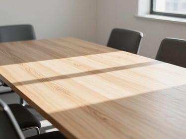 Sunlit professional meeting room with a clean oak table, minimalist layout, soft shadows, high-key daylight
