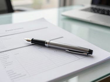 A close-up of a fountain pen resting on structured financial planning documents, clean glass desk, high-key natural daylight