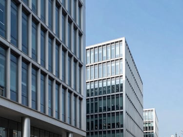 Modern architectural lines of a secure corporate office building, steel and glass, bright blue sky, clean composition