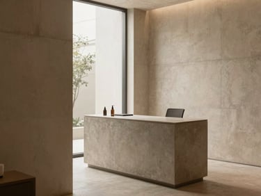 Sophisticated minimalist clinic interior with warm concrete walls, soft linen textures, and natural daylight filtering through a large window, warm sand tones.