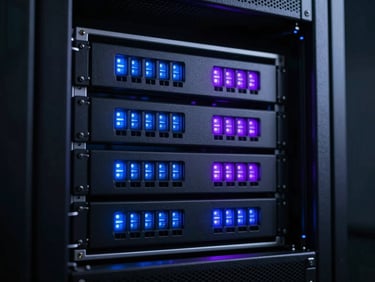 Close-up of clean modern server rack with glowing blue and violet LED lights in a dark data center, high contrast architectural lines.