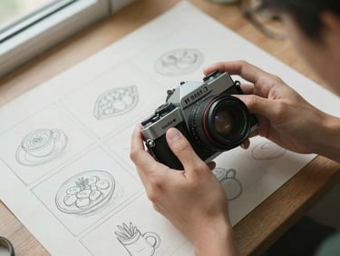 An overhead shot of a photographer's hands adjusting a vintage analog camera, with a storyboard sketch of minimalist food photography on parchment paper, soft natural light.