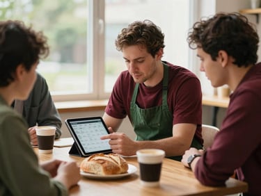A medium shot of a casual meeting between a chef and an agency team member, discussing a content calendar on a tablet, with fresh bread and coffee on a table, natural light.