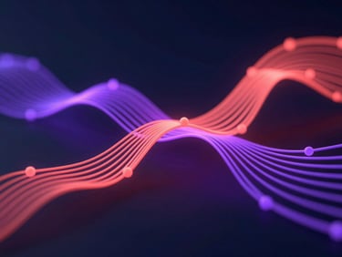 Abstract 3D render of glowing data streams and wave lines flowing through network nodes, vibrant coral-to-violet gradient accents, deep midnight navy canvas