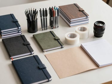 Overhead catalog shot of office and craft supplies — stacked notebooks, pens in a row, adhesive rolls, and craft paper sheets arranged precisely on a light neutral surface, clean diffused studio light
