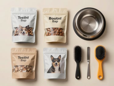 Overhead catalog flat-lay of pet supply products — sealed treat bags, a stainless steel bowl, and grooming accessories arranged in a clean grid on a warm off-white surface, even studio lighting
