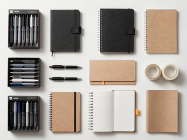 Overhead catalog flat-lay of office and craft supplies — boxed pens, stacked notebooks, tape rolls, and craft paper packs arranged in a clean grid on a white surface, even natural daylight from above, no people, precise organized layout