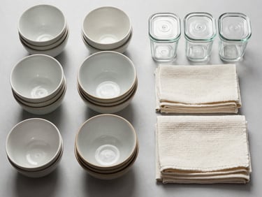 Overhead catalog shot of neatly arranged kitchen items — stacked ceramic bowls, folded dish towels, and a row of glass containers on a light gray surface, clean studio lighting, no shadows