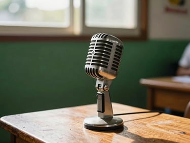 A close-up of a vintage radio microphone on a wooden table in a local Boyacá station, warm sunlight streaming through a window, soft focus background.
