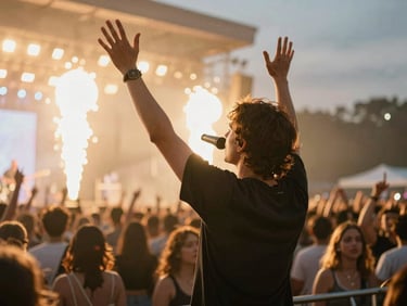Dynamic low-angle shot of a live concert, an artist singing with arms raised, warm stage lights and soft flares creating a luminous halo, energetic crowd in the background, styled like a video playback screen.