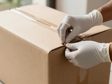 Close-up of professional hands in protective gloves carefully taping the edges of a heavy cardboard box, bright natural daylight, clean setting.