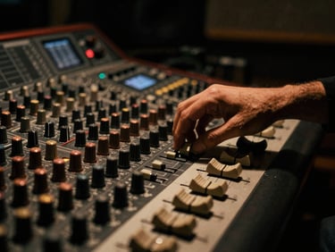 Moody close-up of a producer's hand adjusting a copper-accented analog mixing console in a dark Istanbul studio, low-key warm tungsten lighting, deep shadow tones, 35mm film grain