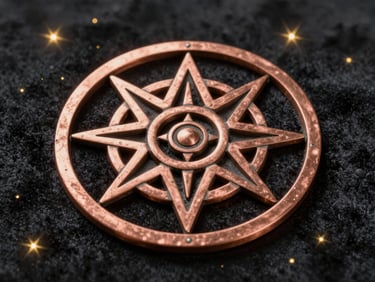 A copper Vedic Yantra precisely engraved with sacred geometry, resting on a dark velvet surface with gold starlight reflections