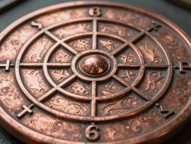 An extreme close-up of a copper Vastu Yantra, showing precise geometric engravings and metallic luster under sharp directional light.