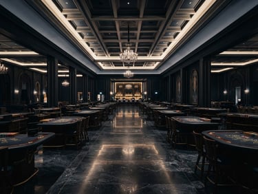 Wide symmetrical shot of an empty high-end casino floor in Zurich, dramatic low-key architectural lighting, deep navy and slate tones, crisp focus, 50mm.