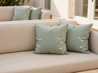 An elegant outdoor lounge set with sand-colored upholstery and sage cushions, styled with minimalist floral accents