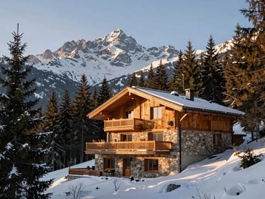 Dramatic exterior shot of a modern timber and stone chalet nestled into a snowy pine forest, sharp mountain peaks in the background, warm golden-hour light