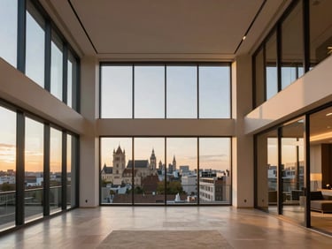 Symmetrical interior view of a high-ceilinged penthouse living room with floor-to-ceiling glass walls overlooking a historic city skyline at dusk, warm interior lighting