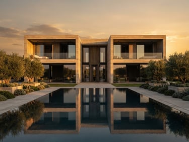 Symmetrical architectural elevation of a modern concrete villa at golden hour, deep shadows, warm champagne light reflecting on water, wide-angle lens, editorial style.