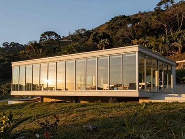 Wide-angle architectural photograph of a glass pavilion home, integrated into a lush hillside, golden hour lighting, sharp lines, interior visible, emphasizing transparency and connection to nature.