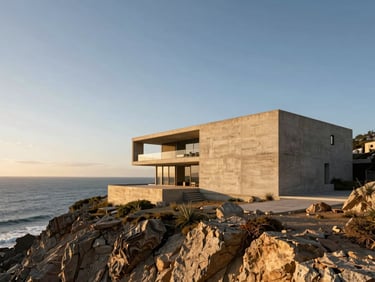 Wide-angle architectural photograph of a minimalist concrete villa on a rugged cliffside overlooking the ocean, low-sun golden hour lighting, deep shadows