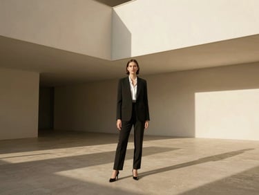 Monochromatic portrait of a sophisticated woman in professional attire, minimalist interior with strong shadows, crisp architectural daylight, editorial style