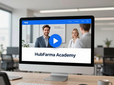 Mockup de player de vídeo profissional da HubFarma Academy, com botão de play destacado em azul e tela mostrando um slide corporativo sobre o mercado farmacêutico, iluminação limpa de estúdio.