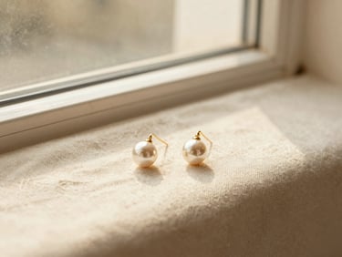 Pair of champagne-gold plated earrings with tiny pearls, resting on soft beige linen, warm window light, 35mm