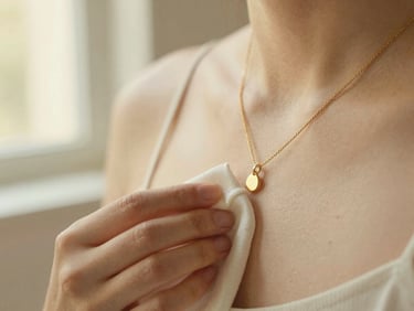 Close-up of a delicate gold-plated necklace being gently polished with a soft cloth on a cream background, warm window light, shallow depth of field, 35mm