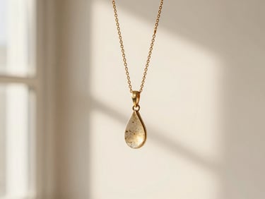Champagne-gold plated necklace with a small pendant, draped on raw stone, soft diffused light, 35mm