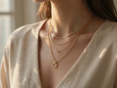 Three gold-plated necklaces of varying lengths layered on a woman's décolletage, elegant neutral-toned attire, soft golden-hour light, shallow depth of field, 35mm