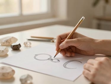 Close-up of a designer's hands sketching jewelry designs on paper with a pencil, surrounded by raw stones and delicate tools, warm diffused light, shallow depth of field, 35mm