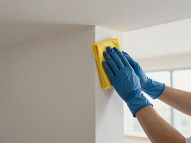 Close-up of a professional cleaning a skirting board corner in an empty apartment, natural daylight, clinical clarity, no people visible in background