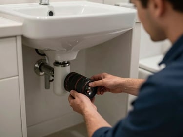 Action shot of a technician clearing a sink trap under a vanity unit in a London rental bathroom, close-up framing, clinical daylight, professional workwear