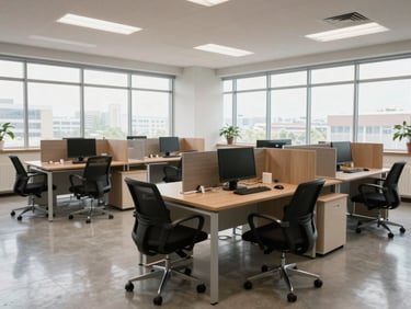 Wide shot of a tidy commercial office space, desks clear, floors polished, chairs aligned, daylight from large windows, no staff present